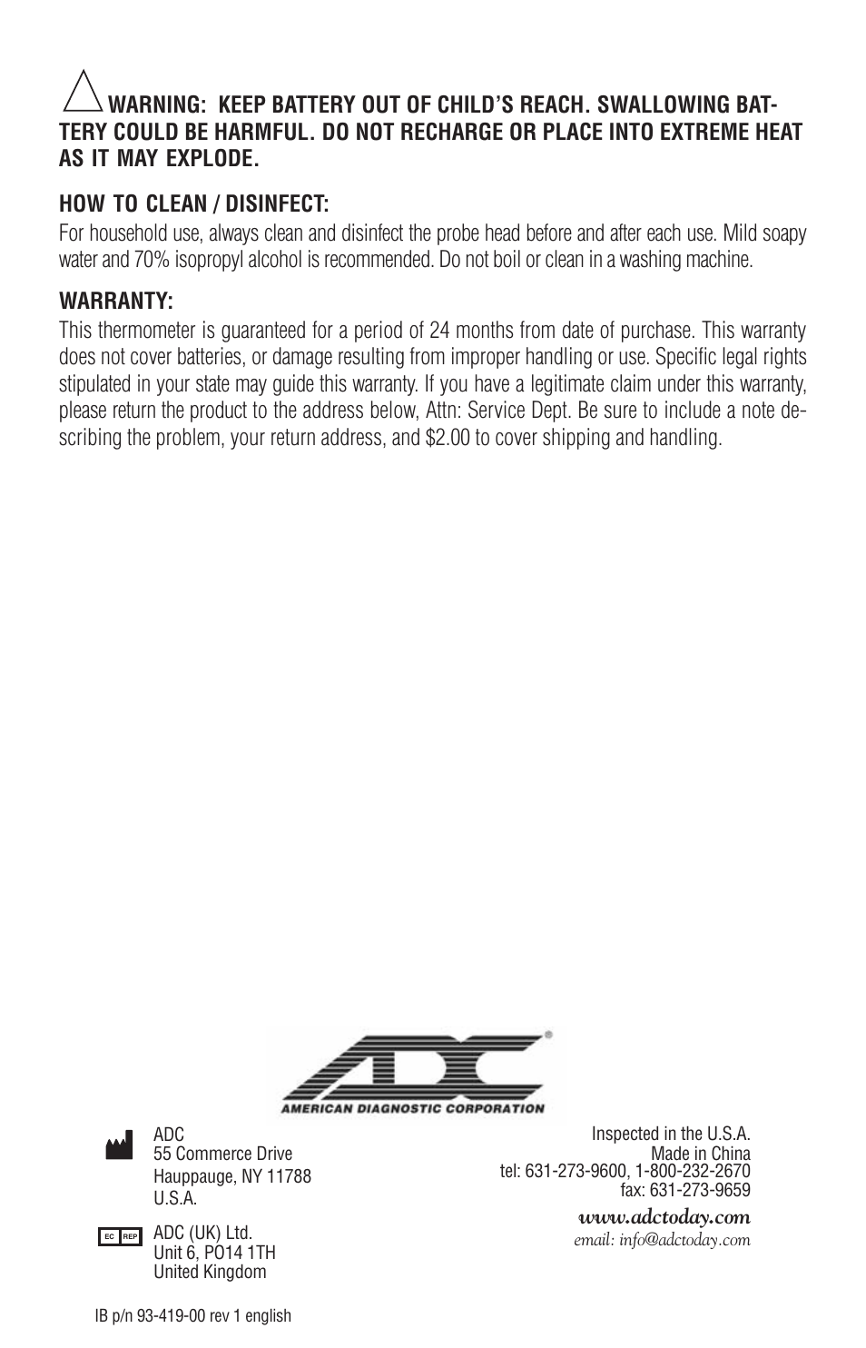 American Diagnostic Corporation (ADC) 419 Adtemp User Manual | Page 4 / 4