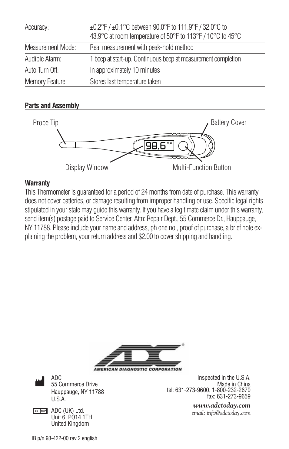 American Diagnostic Corporation (ADC) 422 Adtemp User Manual | Page 4 / 4