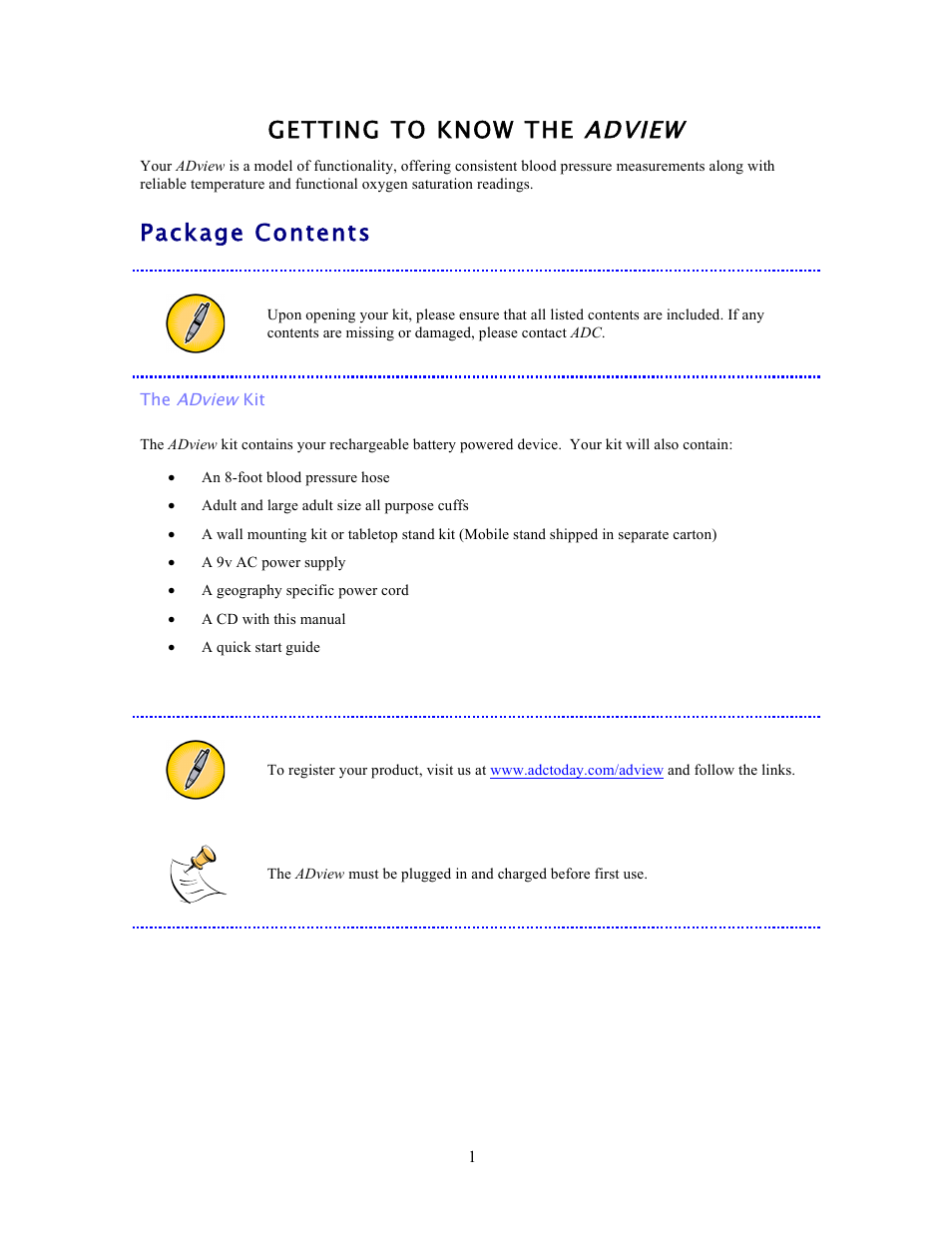 Getting to know the adview, Package contents | American Diagnostic Corporation (ADC) ADview Modular Diagnostic Station User Manual | Page 11 / 72