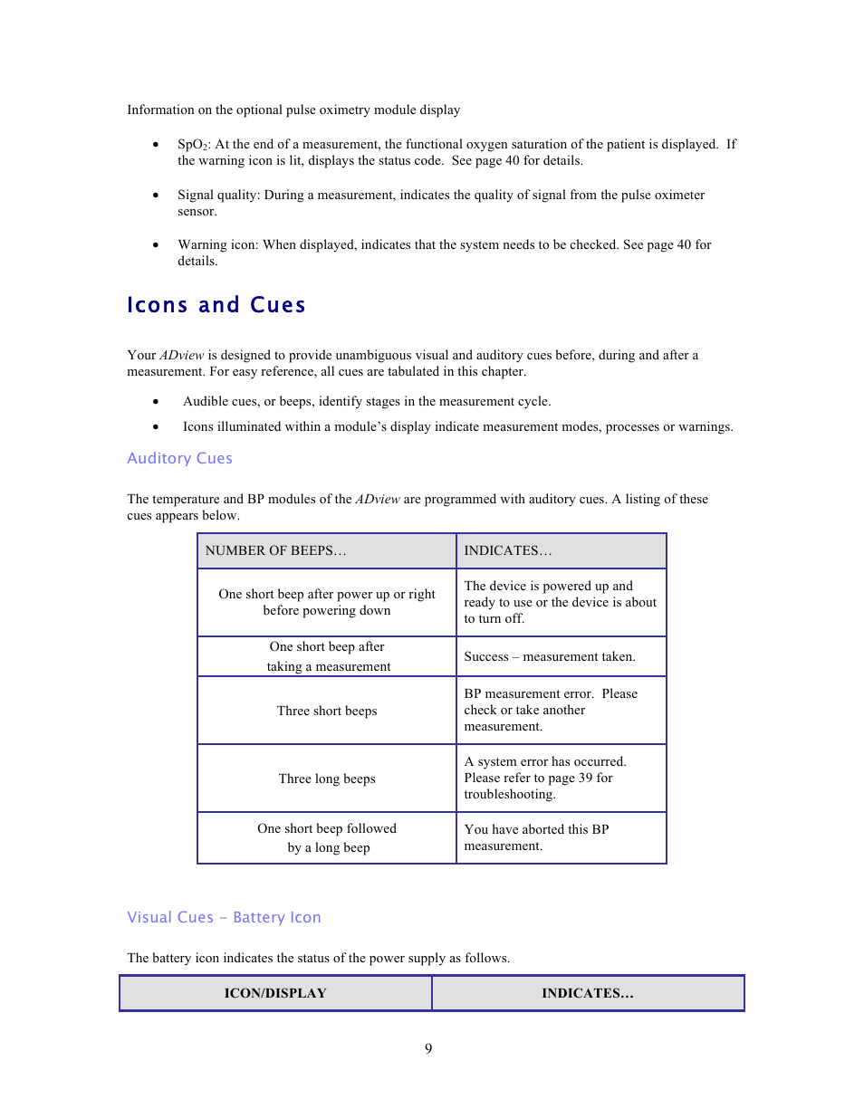 Icons and cues | American Diagnostic Corporation (ADC) ADview Modular Diagnostic Station User Manual | Page 19 / 72