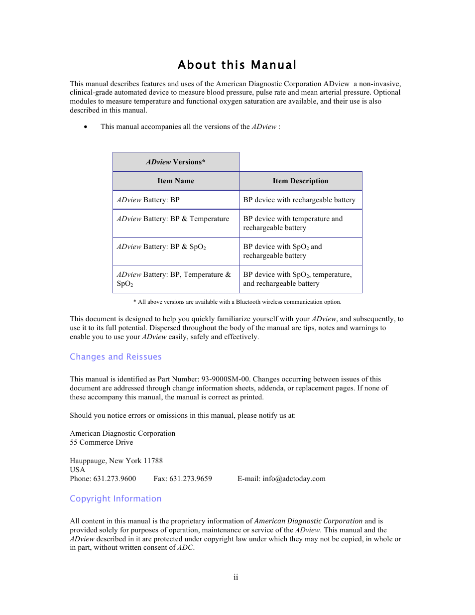 About this manual | American Diagnostic Corporation (ADC) ADview Modular Diagnostic Station User Manual | Page 2 / 72