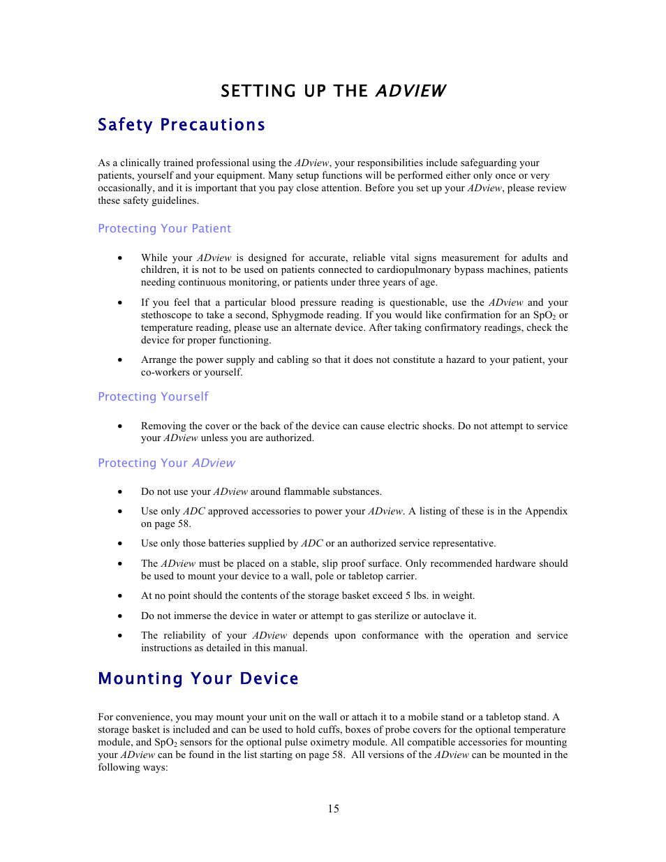 Setting up the adview safety precautions, Mounting your device | American Diagnostic Corporation (ADC) ADview Modular Diagnostic Station User Manual | Page 25 / 72