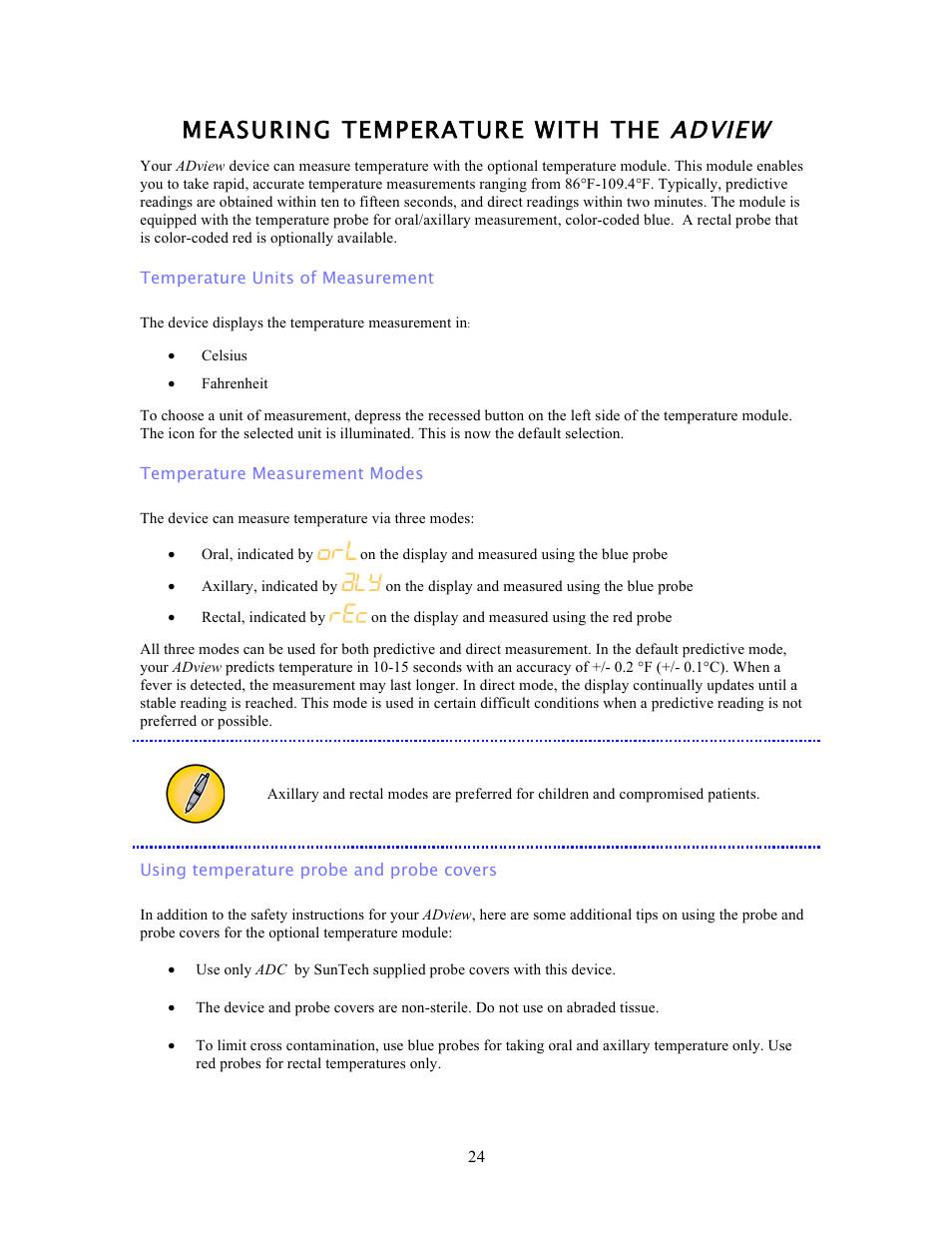 Measuring temperature with the adview | American Diagnostic Corporation (ADC) ADview Modular Diagnostic Station User Manual | Page 34 / 72