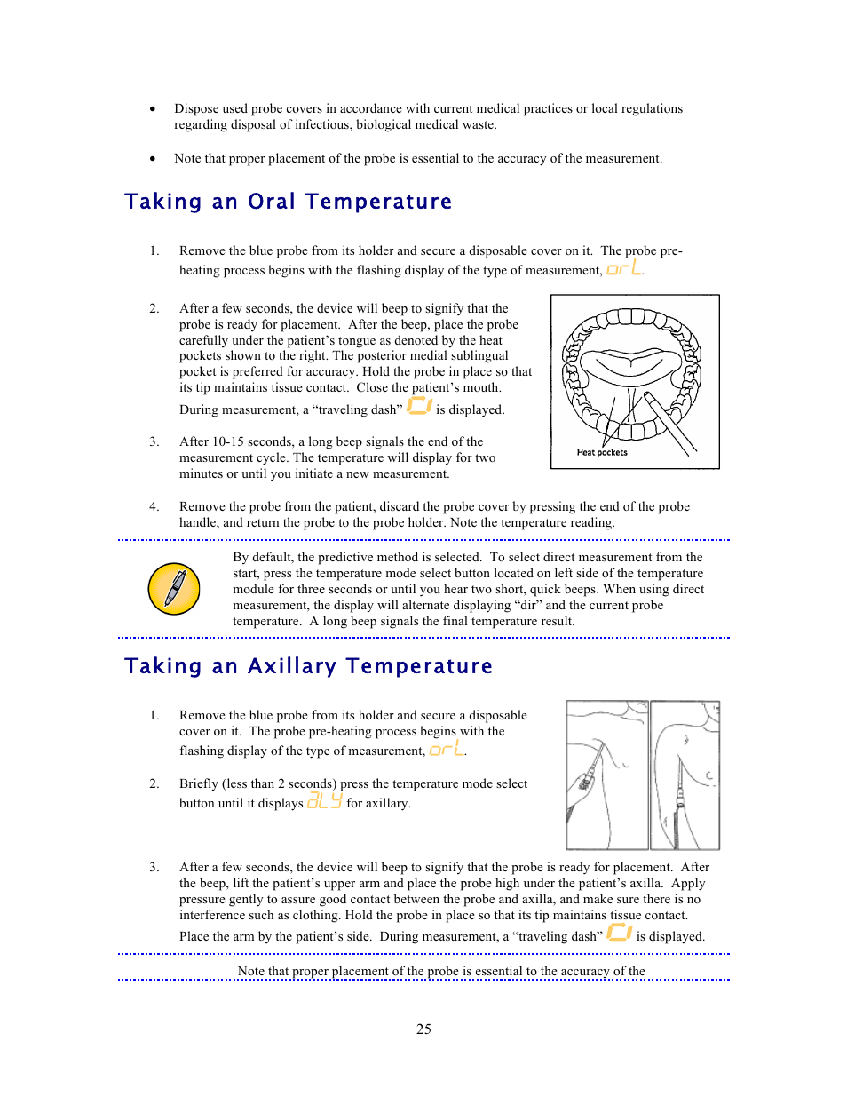 Taking an oral temperature, Taking an axillary temperature | American Diagnostic Corporation (ADC) ADview Modular Diagnostic Station User Manual | Page 35 / 72