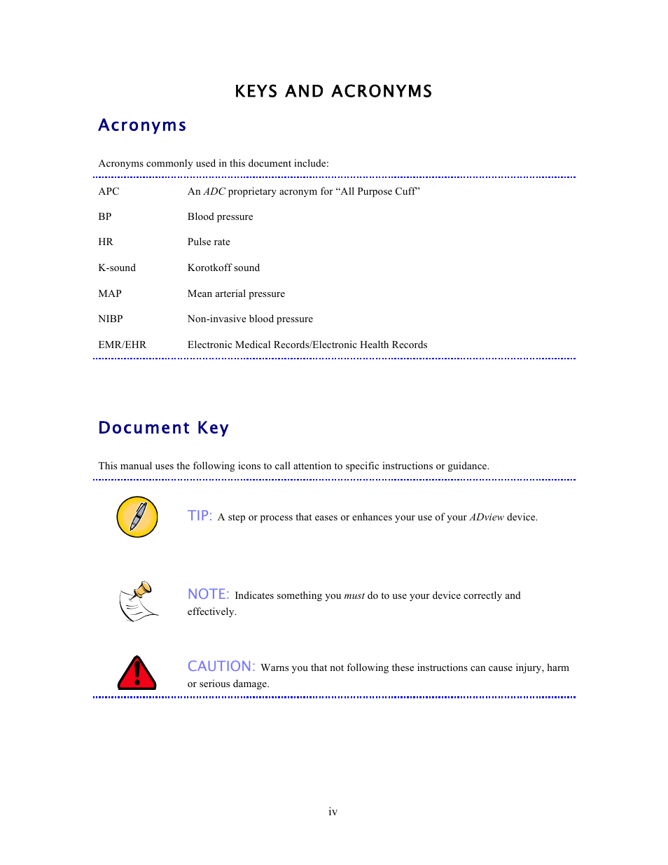 Keys and acronyms acronyms, Document key, Caution | American Diagnostic Corporation (ADC) ADview Modular Diagnostic Station User Manual | Page 4 / 72