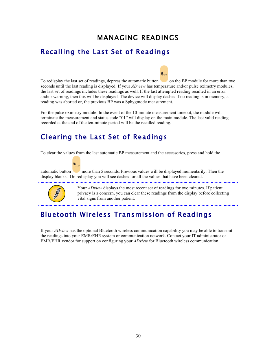 Clearing the last set of readings, Bluetooth wireless transmission of readings | American Diagnostic Corporation (ADC) ADview Modular Diagnostic Station User Manual | Page 40 / 72