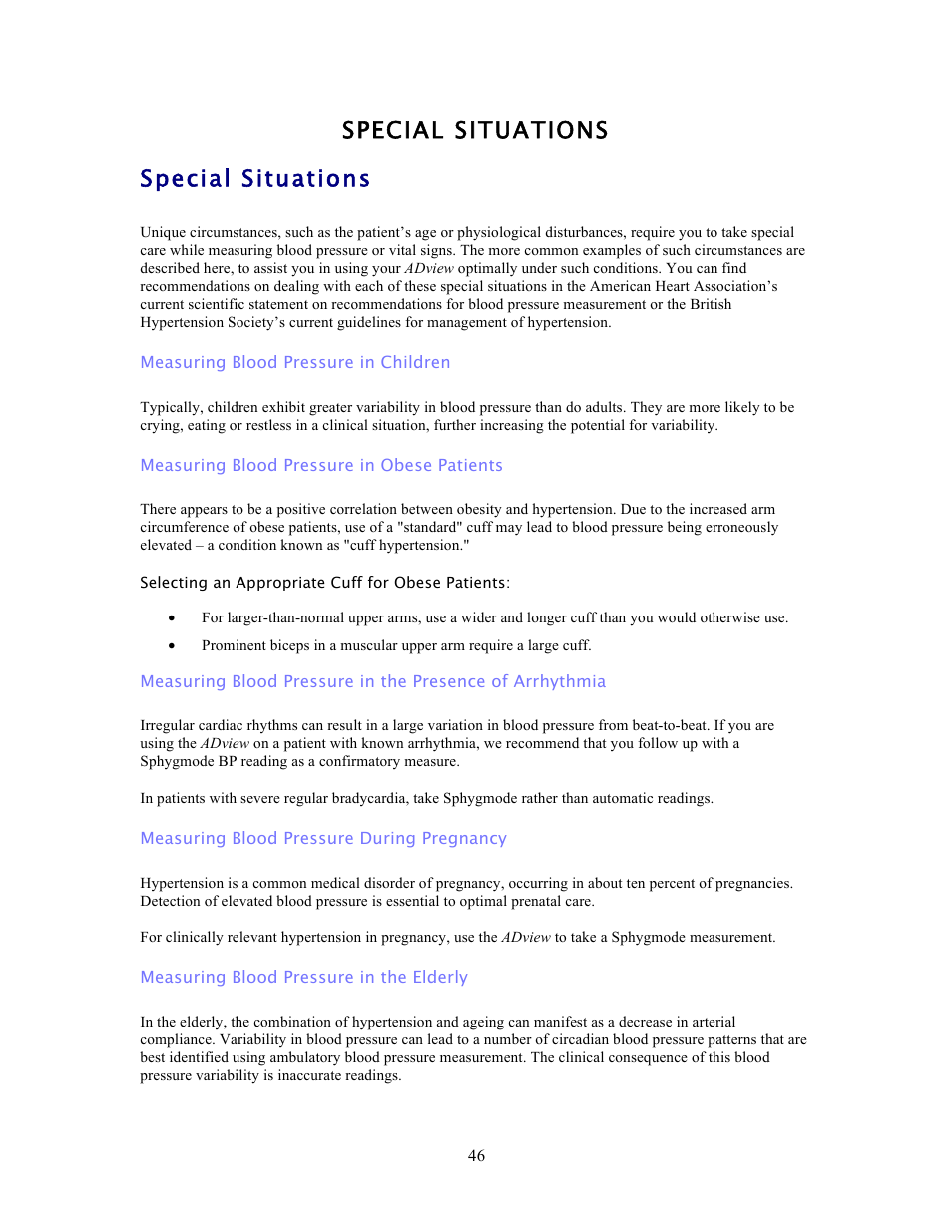 Special situations special situations | American Diagnostic Corporation (ADC) ADview Modular Diagnostic Station User Manual | Page 56 / 72