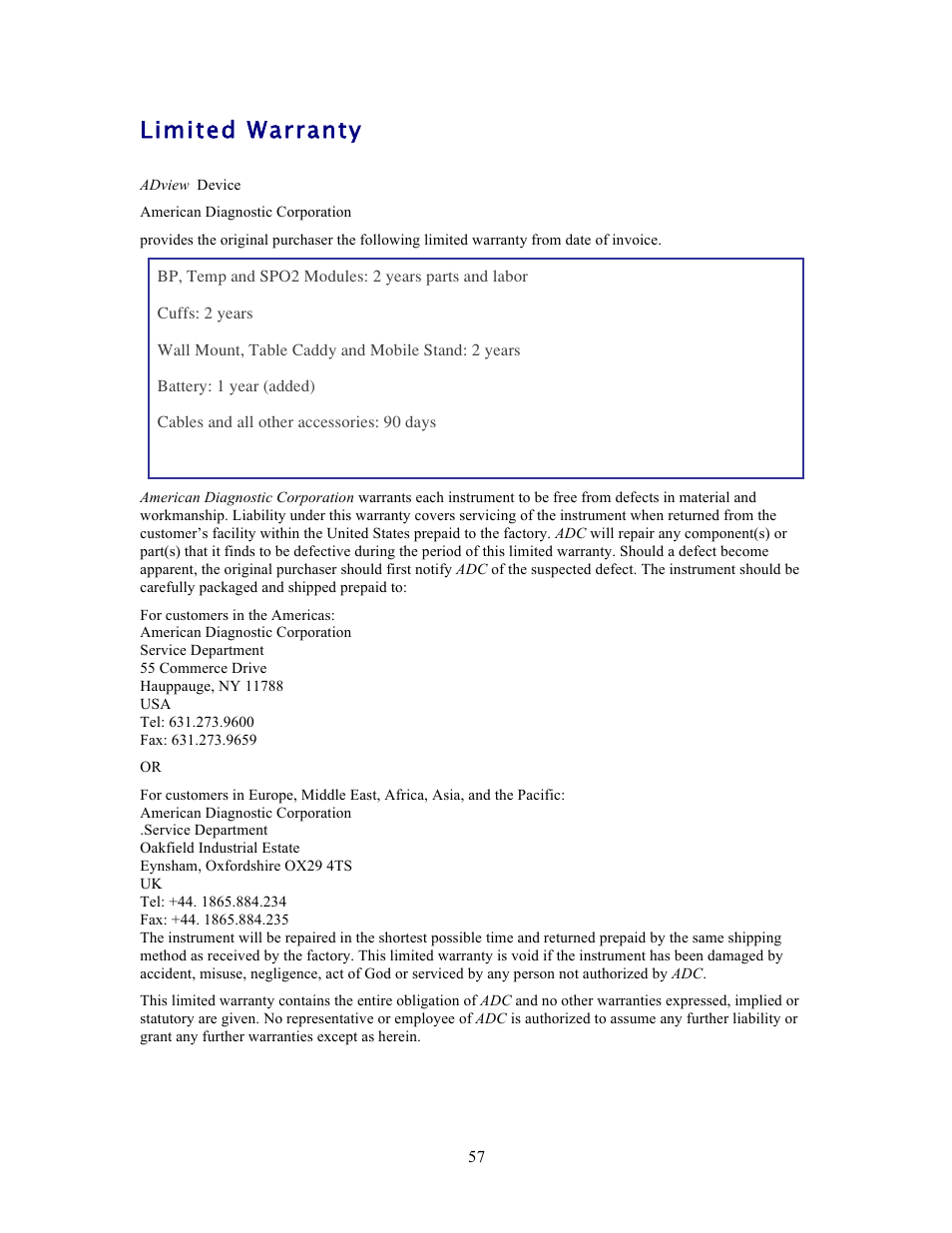 Limited warranty | American Diagnostic Corporation (ADC) ADview Modular Diagnostic Station User Manual | Page 67 / 72
