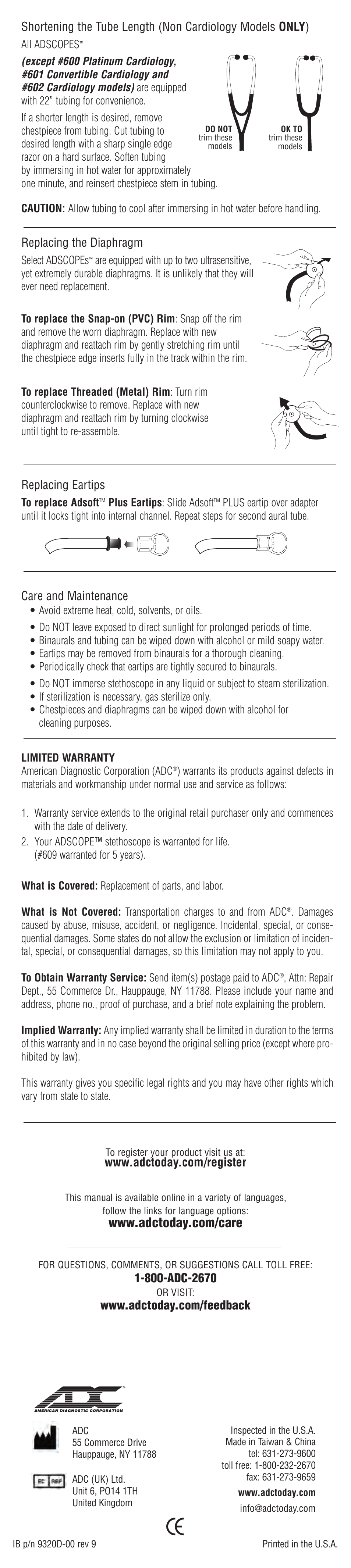 Replacing the diaphragm, Replacing eartips, Care and maintenance | American Diagnostic Corporation (ADC) Estetoscopio ADSCOPE User Manual | Page 2 / 2