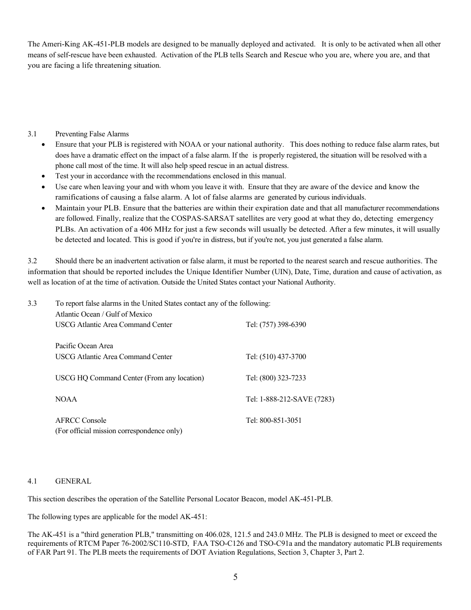 Section 3 - false alarms, Section 4 - operation | Ameri-King AK-451-P-ELT User Manual | Page 5 / 15