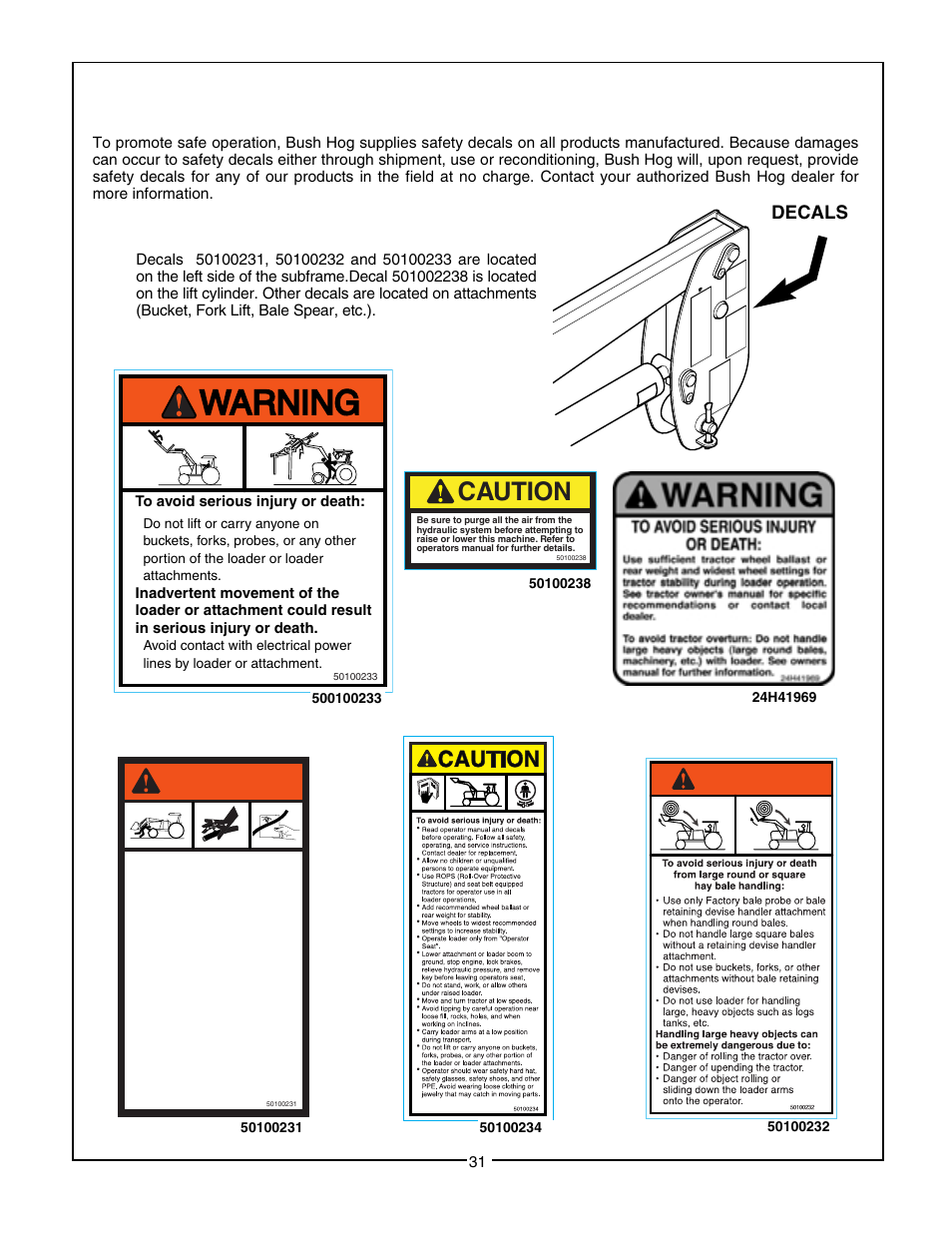 Safety decals, Warning, Caution | Decals | Bush Hog 3045 User Manual | Page 33 / 45