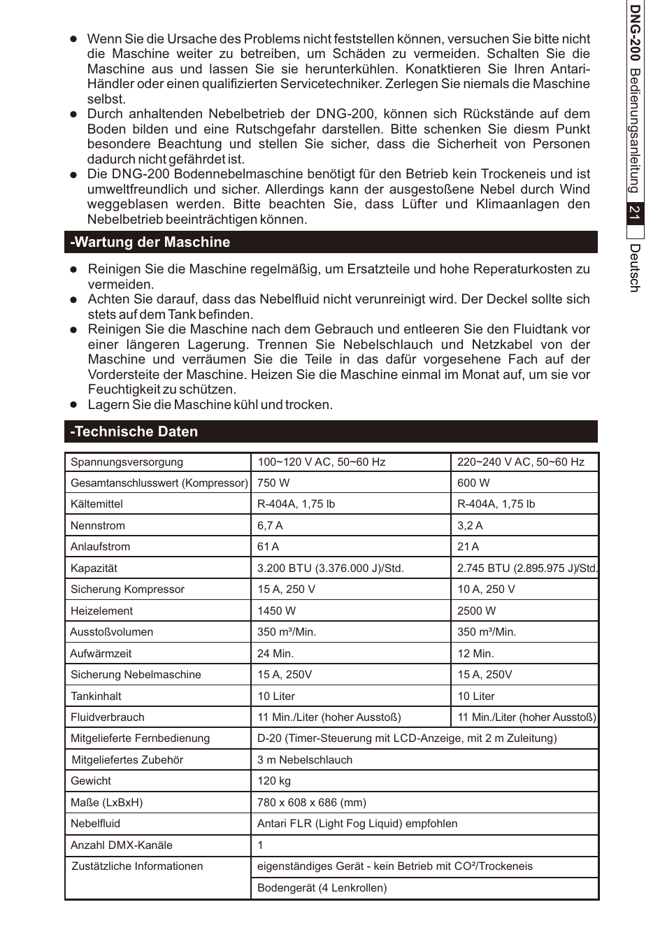 頁面 23, Wartung der maschine -technische daten | Antari DNG-200 User Manual | Page 23 / 32