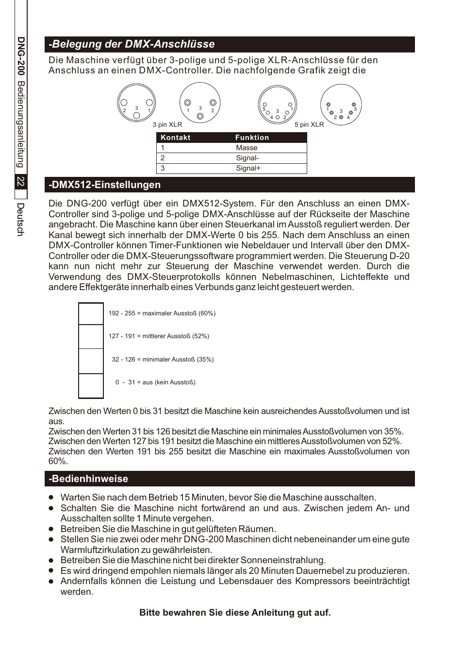 頁面 24, Belegung der dmx-anschlüsse, Dmx512-einstellungen | Bedienhinweise | Antari DNG-200 User Manual | Page 24 / 32