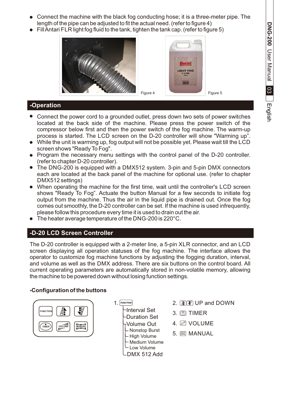 頁面 5, Operation, D-20 lcd screen controller | English 1. interval set duration set volume out | Antari DNG-200 User Manual | Page 5 / 32