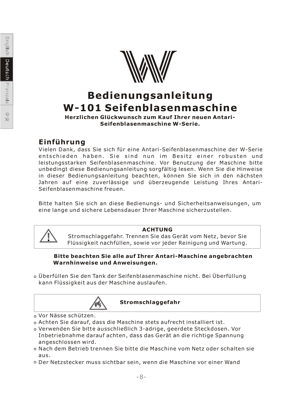 Bedienungsanleitung w-101 seifenblasenmaschine | Antari W-101 User Manual | Page 10 / 32