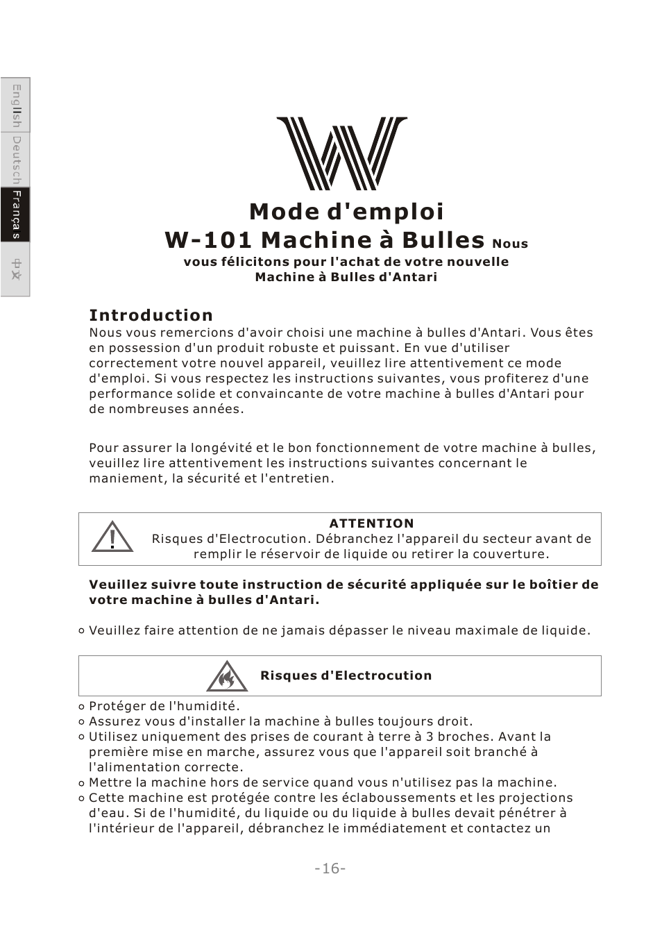 Mode d'emploi w-101 machine à bulles | Antari W-101 User Manual | Page 18 / 32