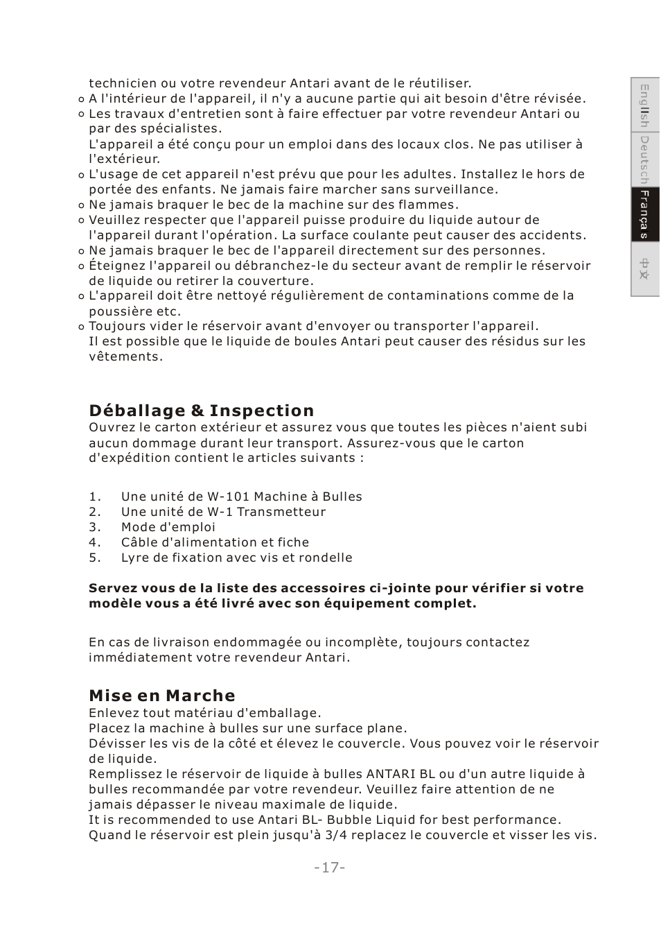 Dé ballage & inspection, Mise en marche | Antari W-101 User Manual | Page 19 / 32