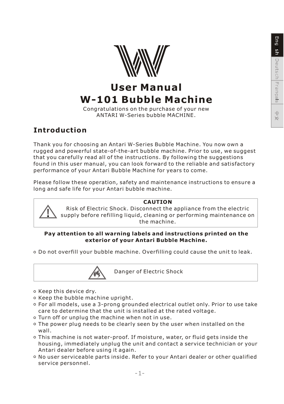 User manual w-101 bubble machine | Antari W-101 User Manual | Page 3 / 32