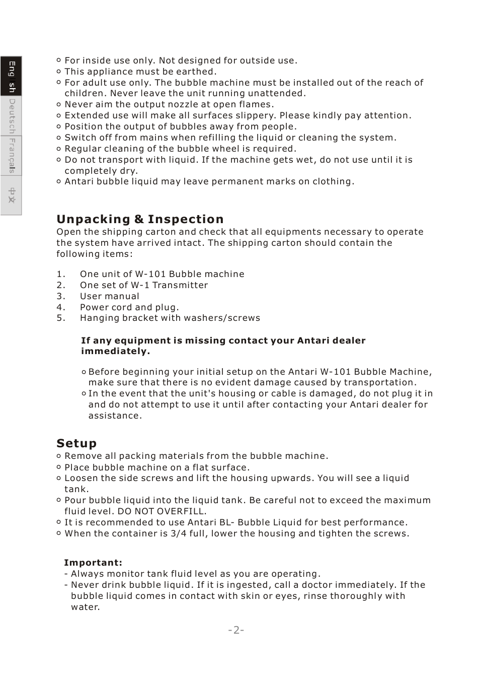 Unpacking & inspection, Setup | Antari W-101 User Manual | Page 4 / 32