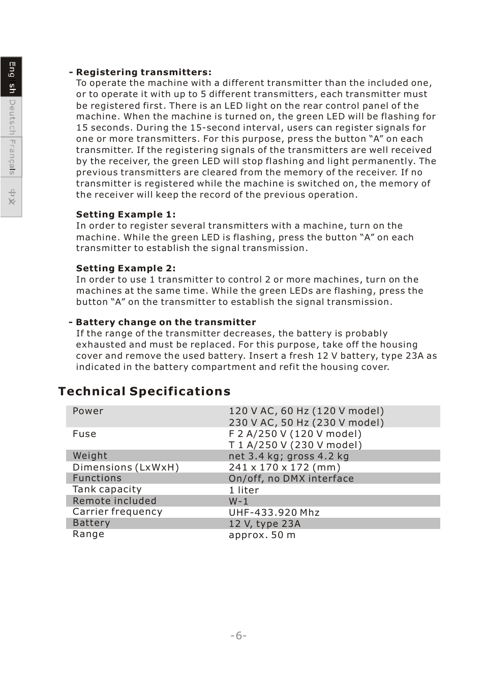 Technical specifications | Antari W-101 User Manual | Page 8 / 32