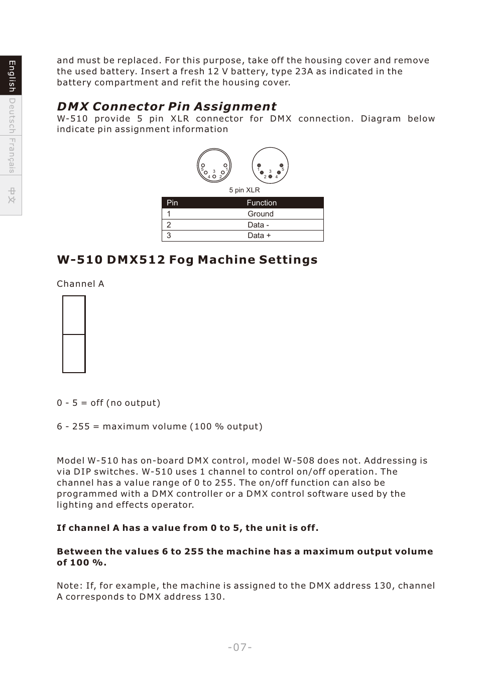 頁面 10, D m x connector pin assignment | Antari W-508 User Manual | Page 10 / 44