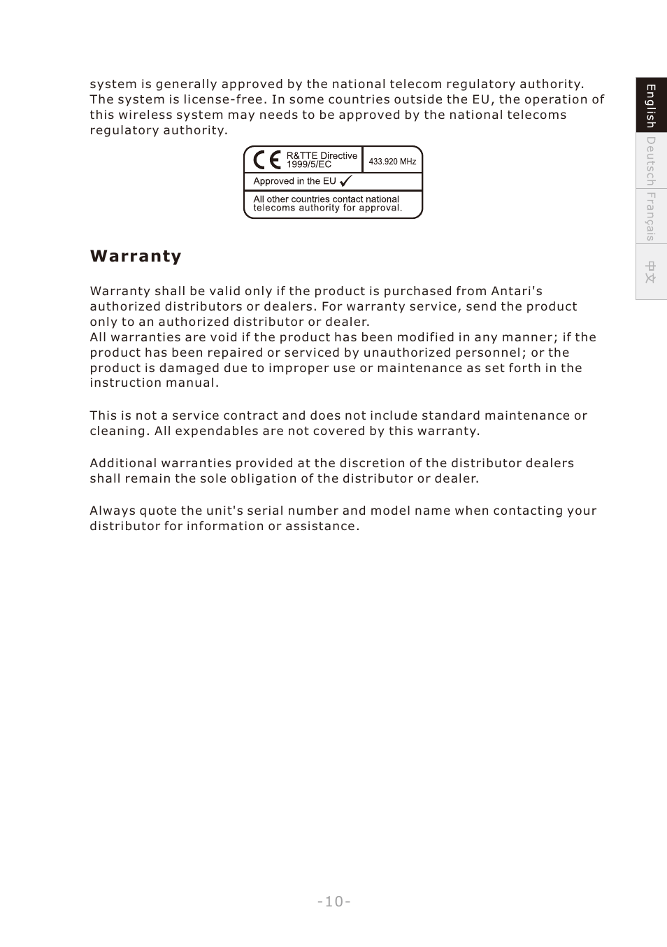 頁面 13, Warranty | Antari W-508 User Manual | Page 13 / 44