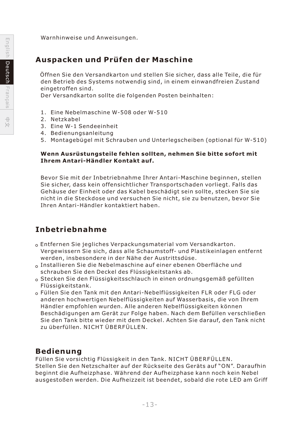 頁面 16, Auspacken und prüfen der maschine, Inbetriebnahme | Bedienung | Antari W-508 User Manual | Page 16 / 44