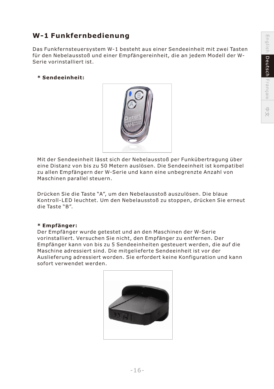 頁面 19, W-1 funkfernbedienung | Antari W-508 User Manual | Page 19 / 44
