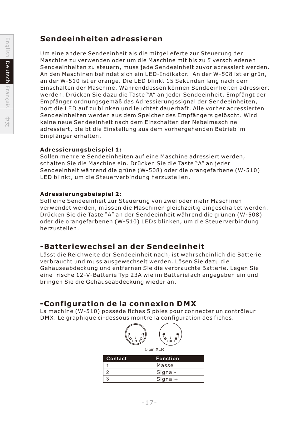 頁面 20, Sendeeinheiten adressieren, Batteriewechsel an der sendeeinheit | Configuration de la connexion d m x | Antari W-508 User Manual | Page 20 / 44