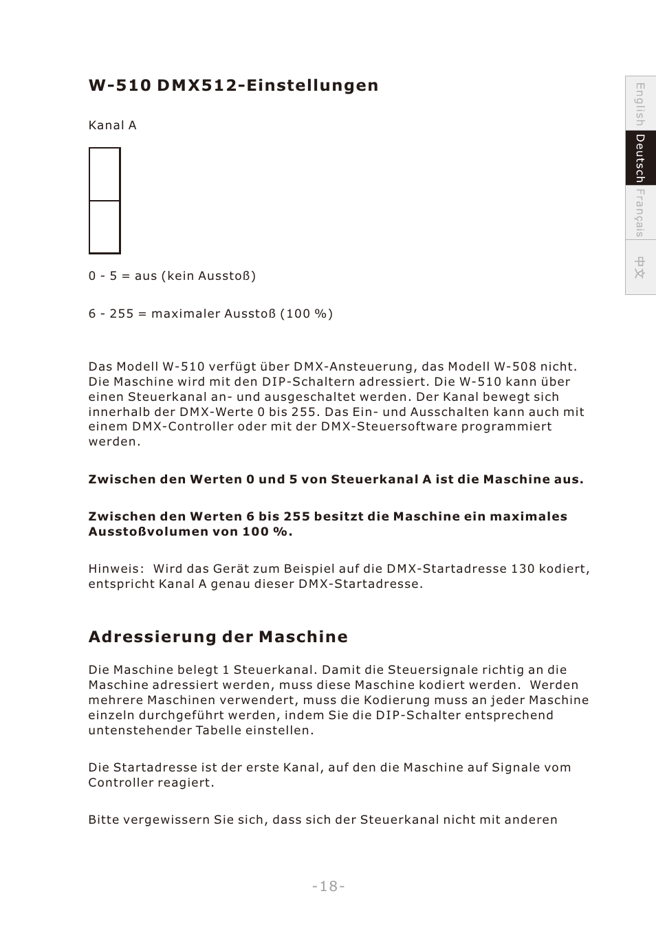 頁面 21, Adressierung der maschine | Antari W-508 User Manual | Page 21 / 44