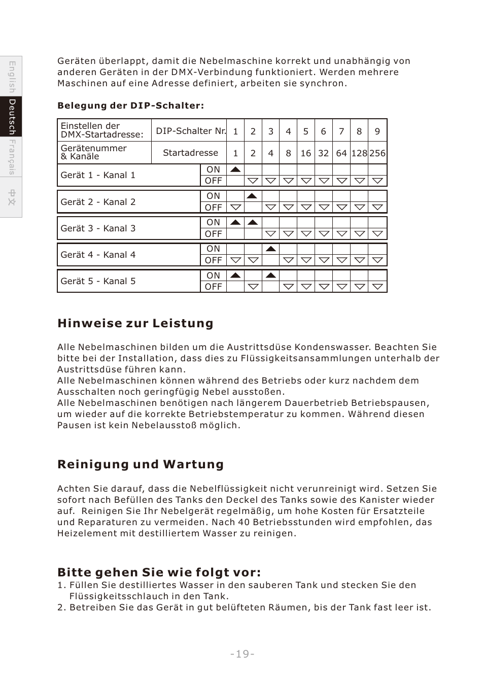 頁面 22, Hinweise zur leistung, Reinigung und wartung | Bitte gehen sie wie folgt vor | Antari W-508 User Manual | Page 22 / 44