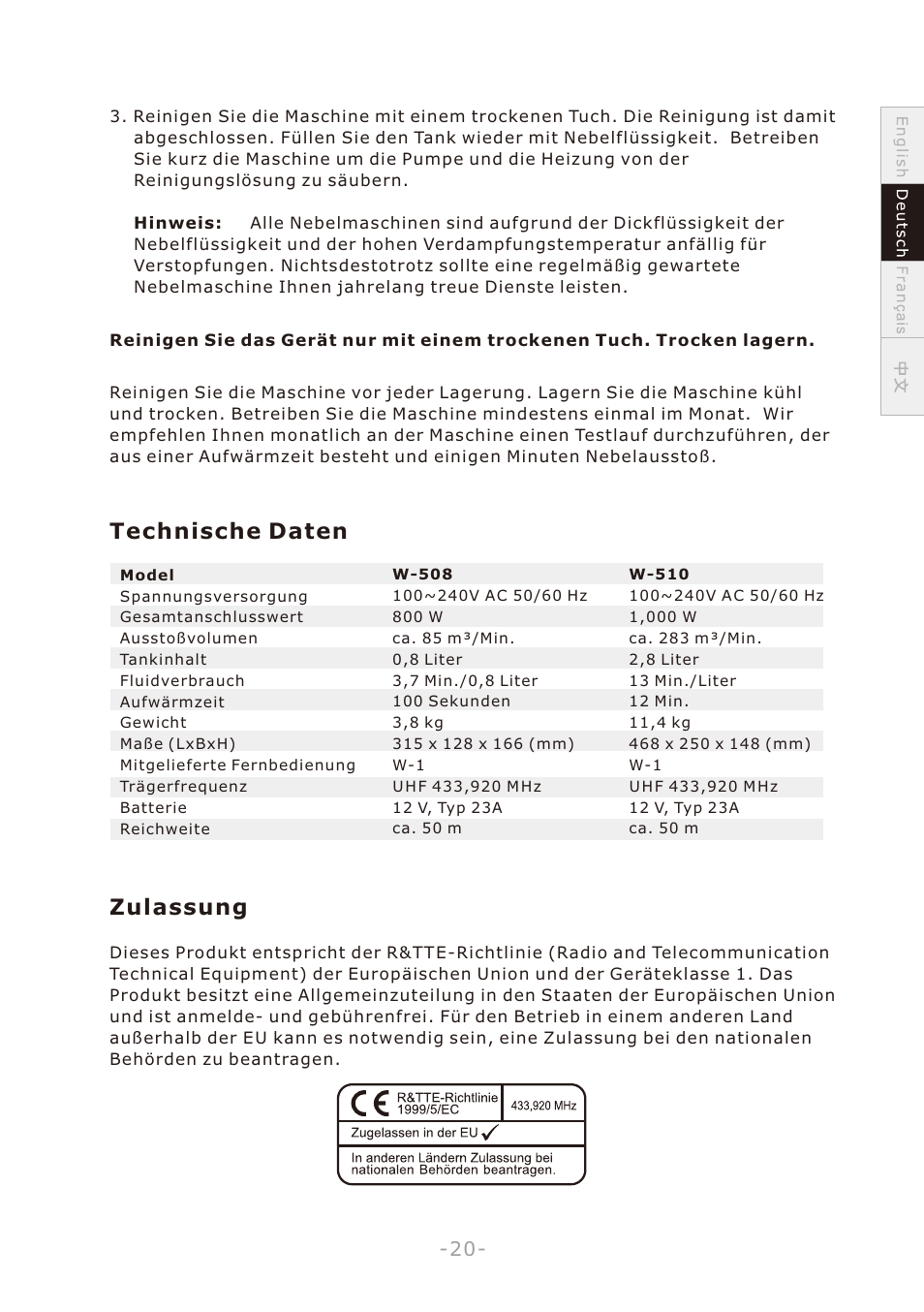 頁面 23, Technische daten zulassung | Antari W-508 User Manual | Page 23 / 44