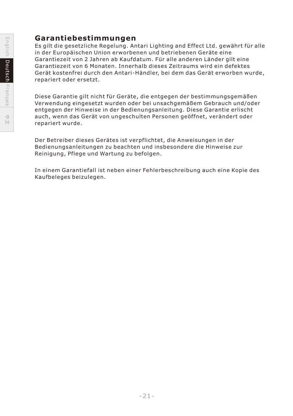 頁面 24, Garantiebestimmungen | Antari W-508 User Manual | Page 24 / 44