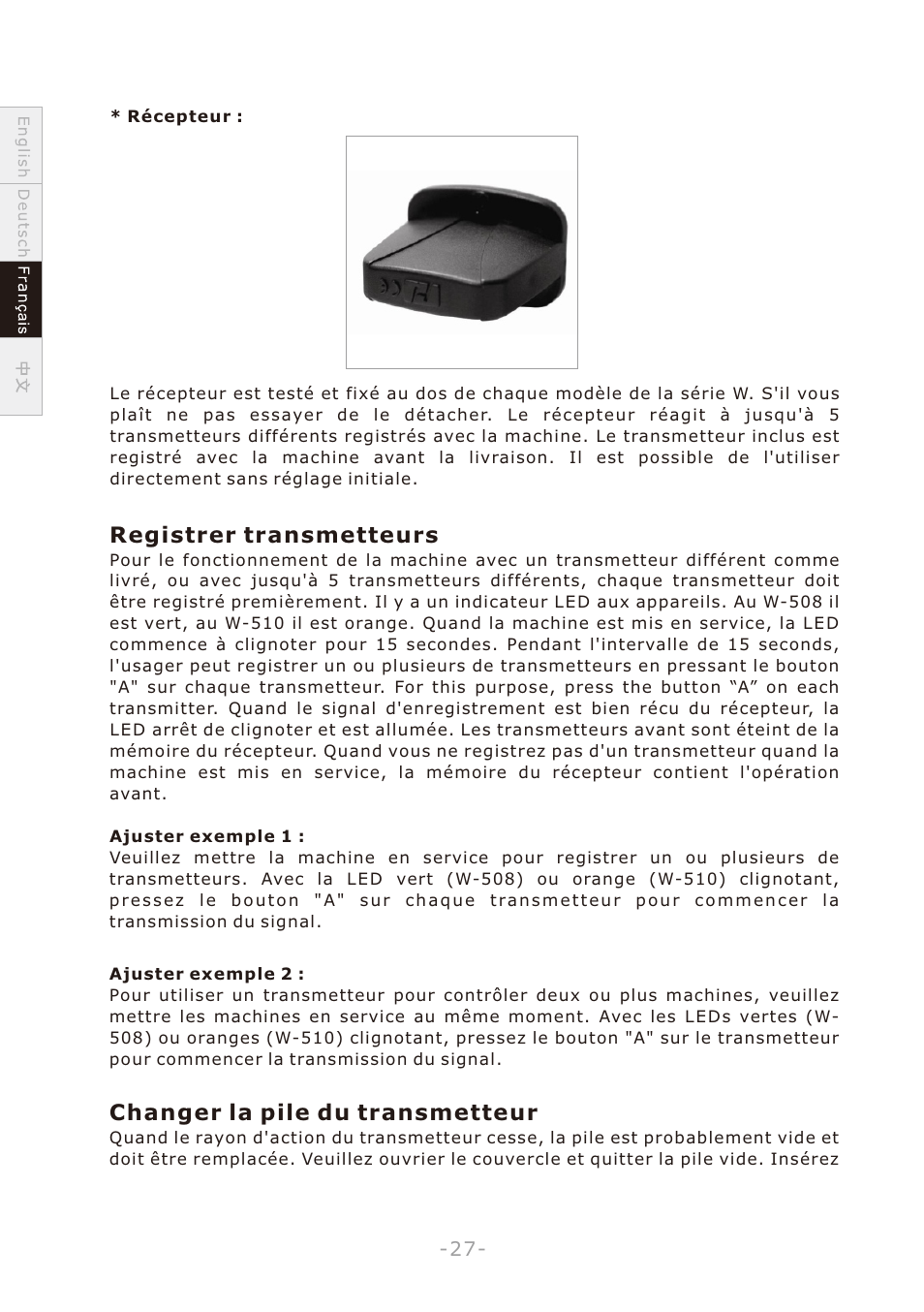 頁面 30, Registrer transmetteurs, Changer la pile du transmetteur | Antari W-508 User Manual | Page 30 / 44