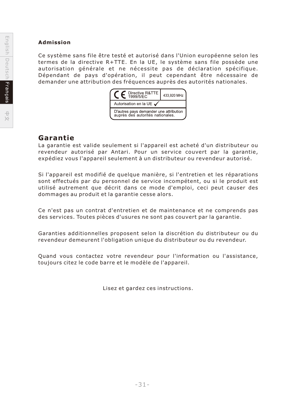 頁面 34, Garantie | Antari W-508 User Manual | Page 34 / 44