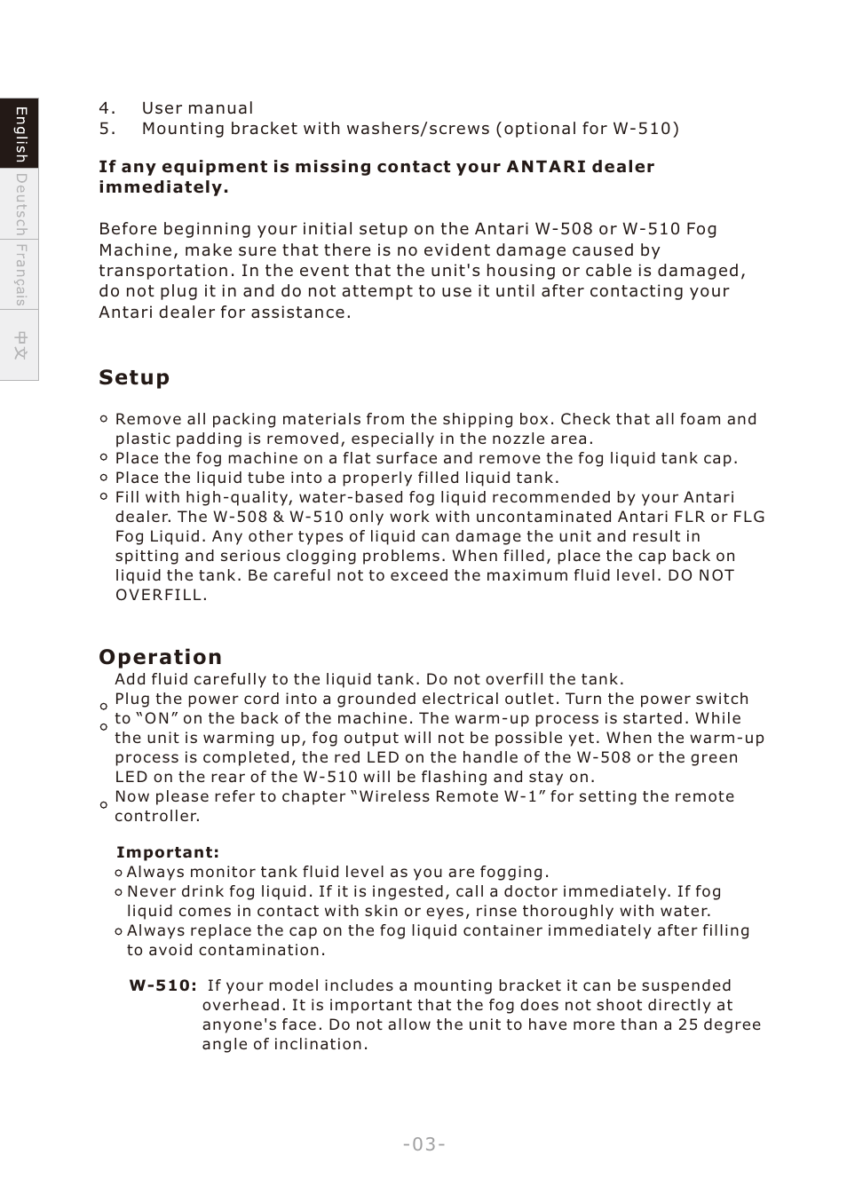 頁面 6, Setup, Operation | Antari W-508 User Manual | Page 6 / 44