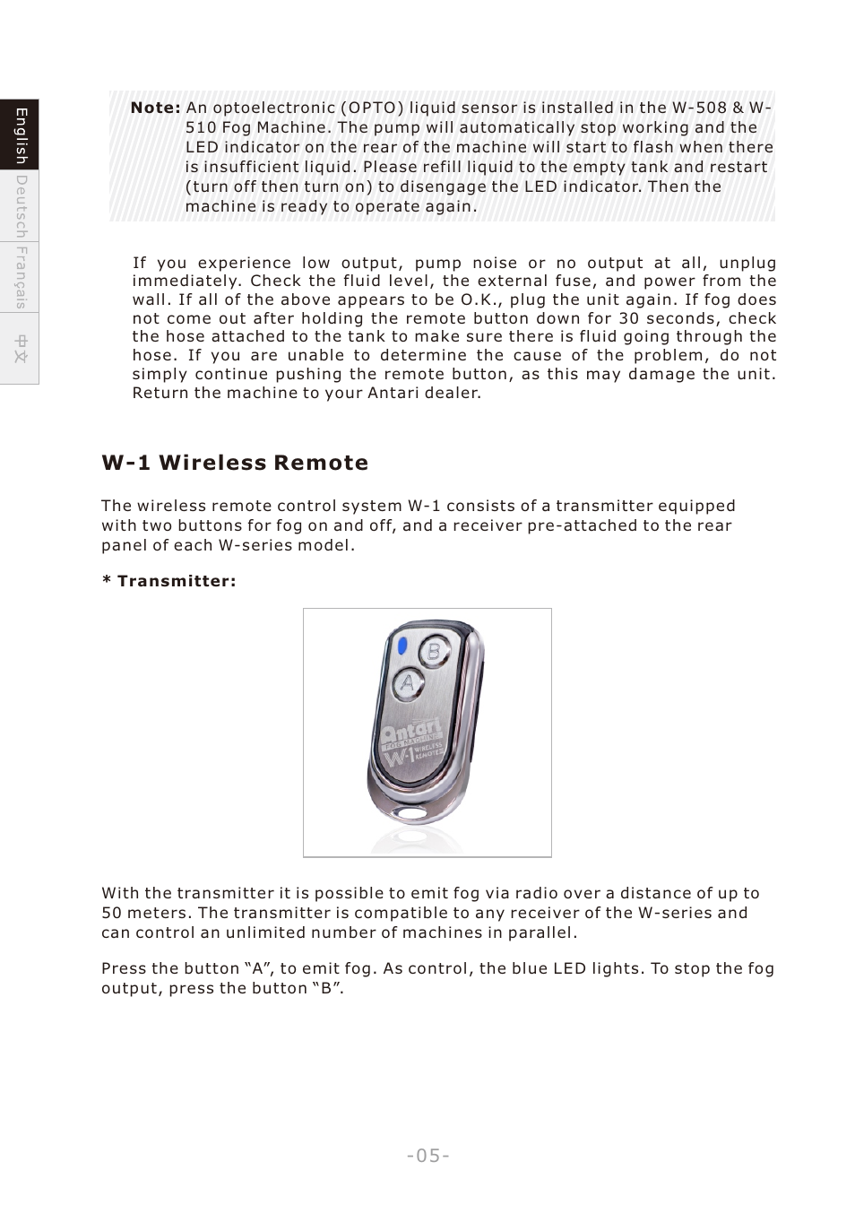 頁面 8, W-1 wireless remote | Antari W-508 User Manual | Page 8 / 44
