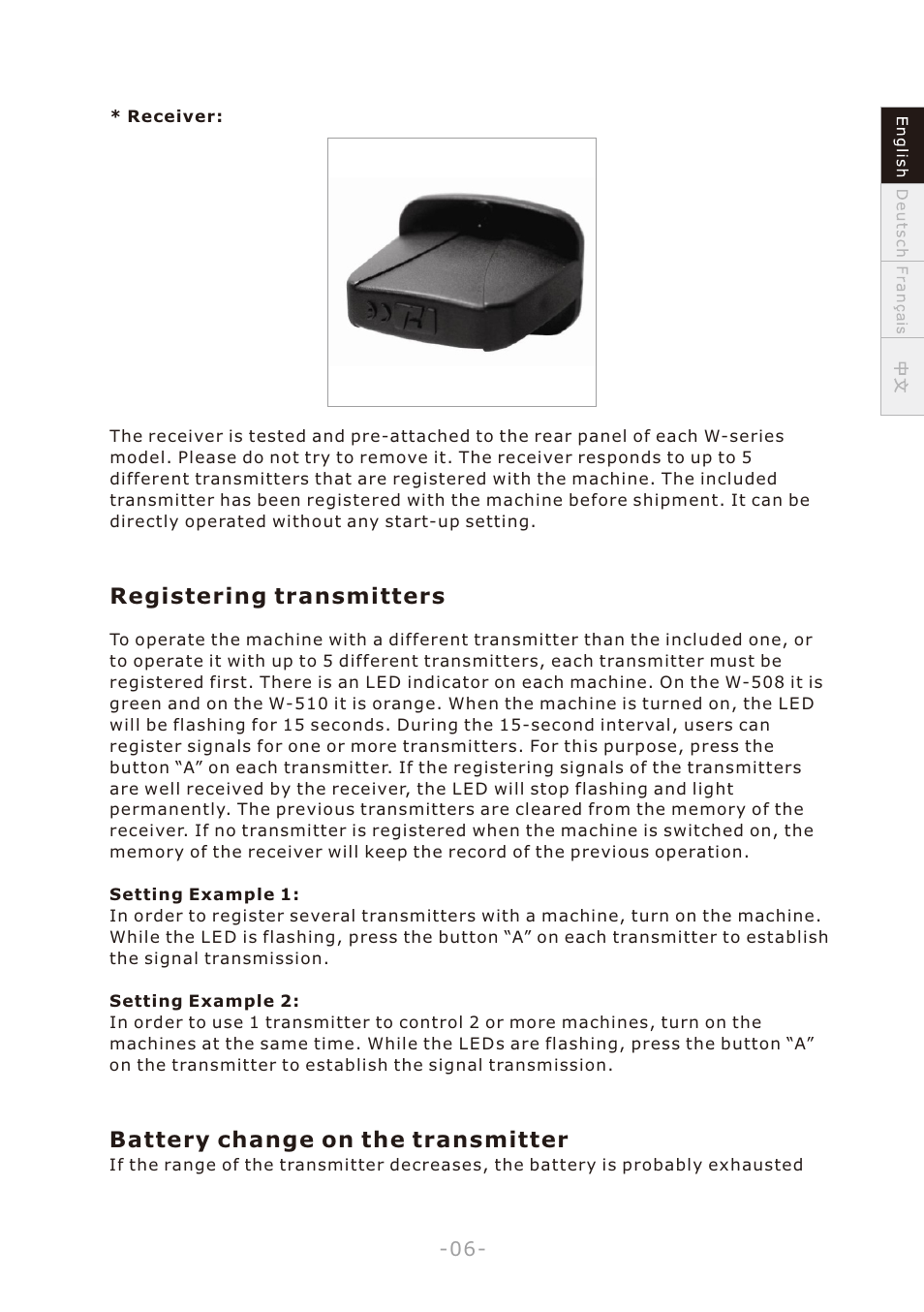 頁面 9, Registering transmitters, Battery change on the transmitter | Antari W-508 User Manual | Page 9 / 44