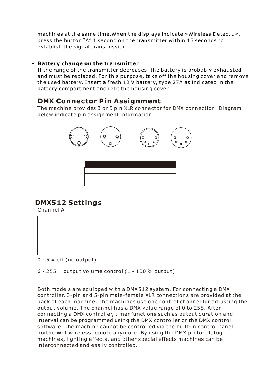 Dmx connector pin assignment, Dmx512 settings | Antari W-530D User Manual | Page 10 / 44