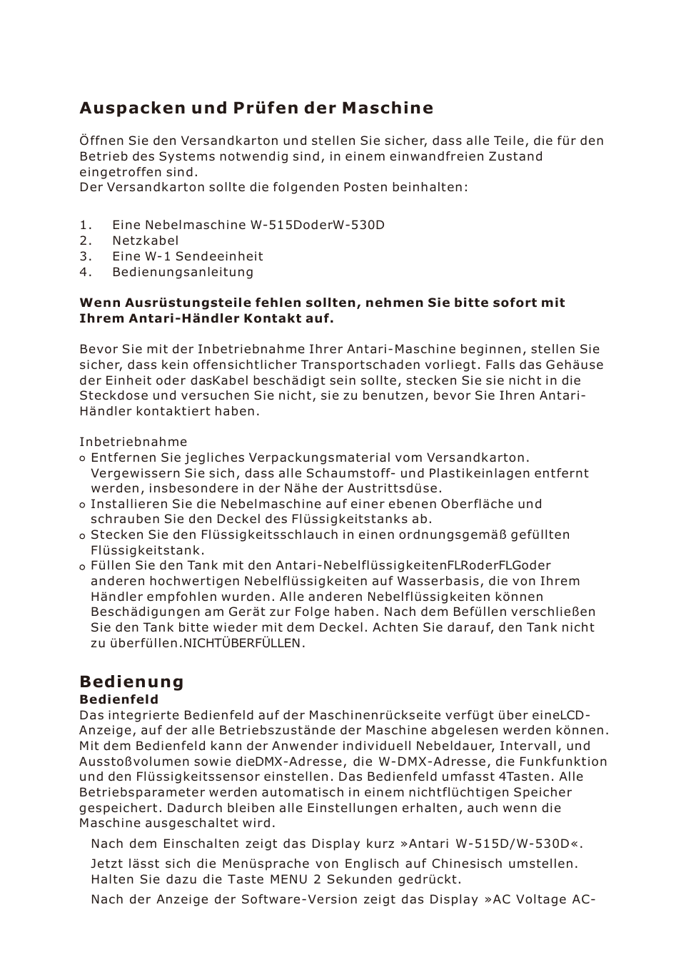 Auspacken und prü fen der maschine, Bedienung | Antari W-530D User Manual | Page 17 / 44