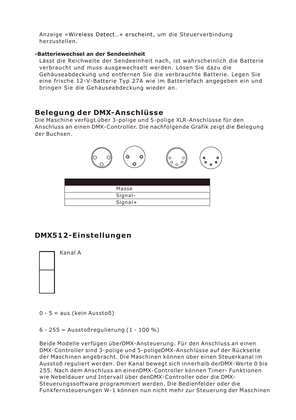 Belegung der dmx-anschlü sse, Dmx512-einstellungen | Antari W-530D User Manual | Page 23 / 44