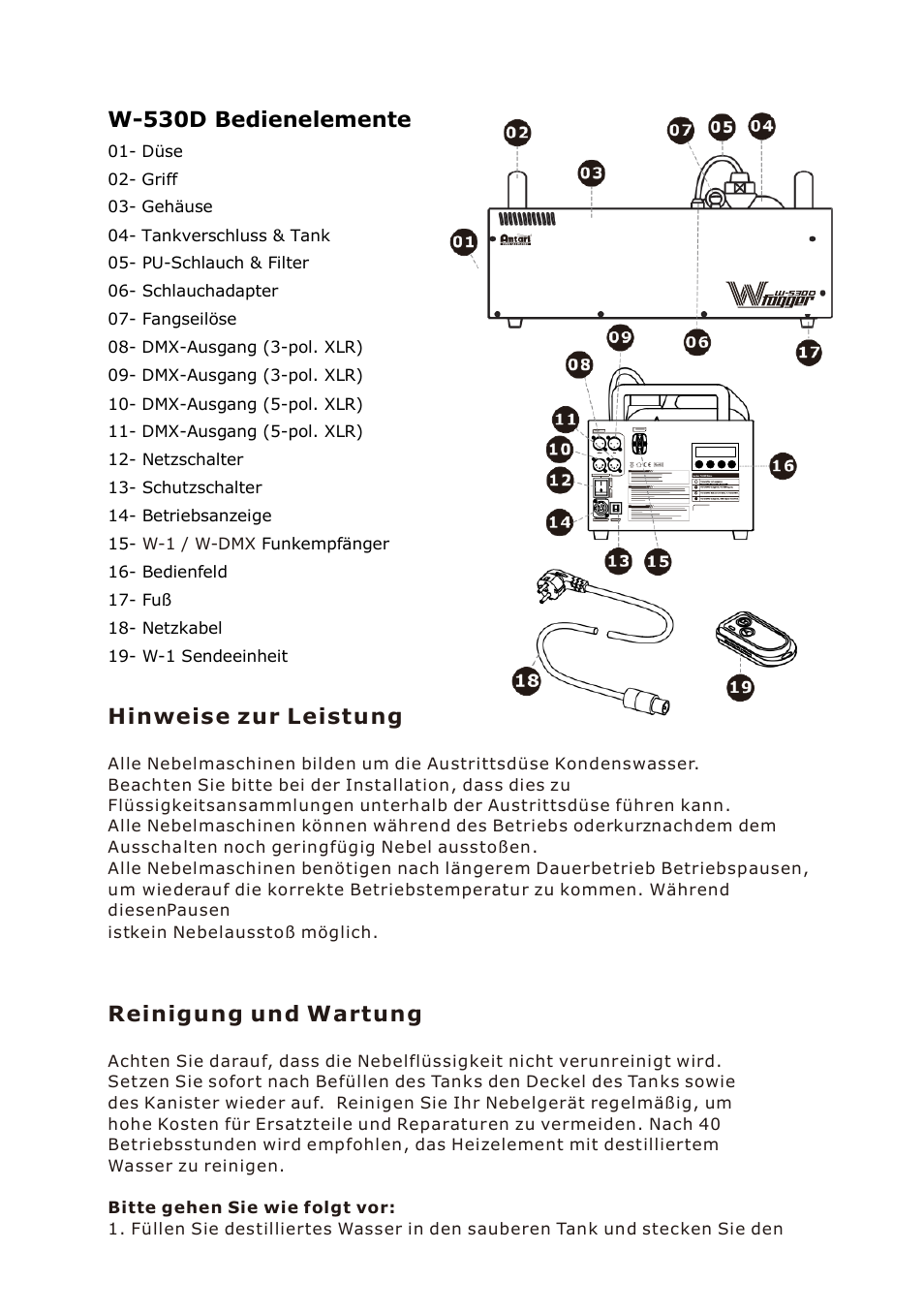 W-530d bedienelemente, Hinweise zur leistung, Reinigung und wartung | Antari W-530D User Manual | Page 26 / 44