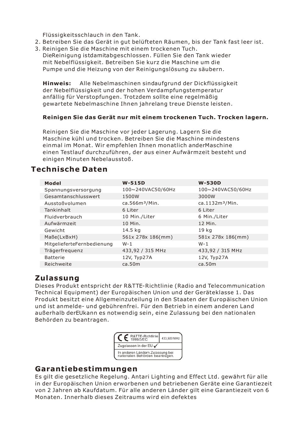 Technische daten, Zulassung, Garantiebestimmungen | Antari W-530D User Manual | Page 27 / 44