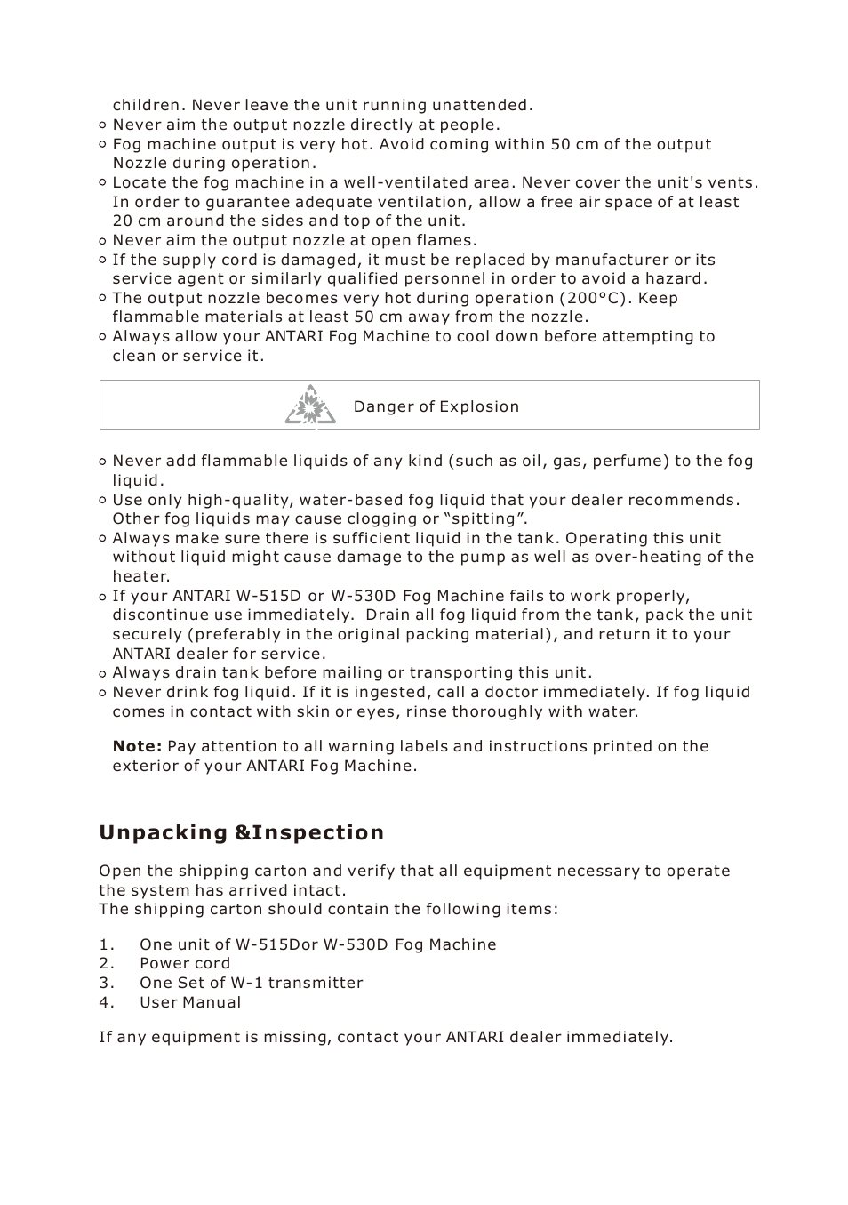Unpacking &inspection | Antari W-530D User Manual | Page 4 / 44