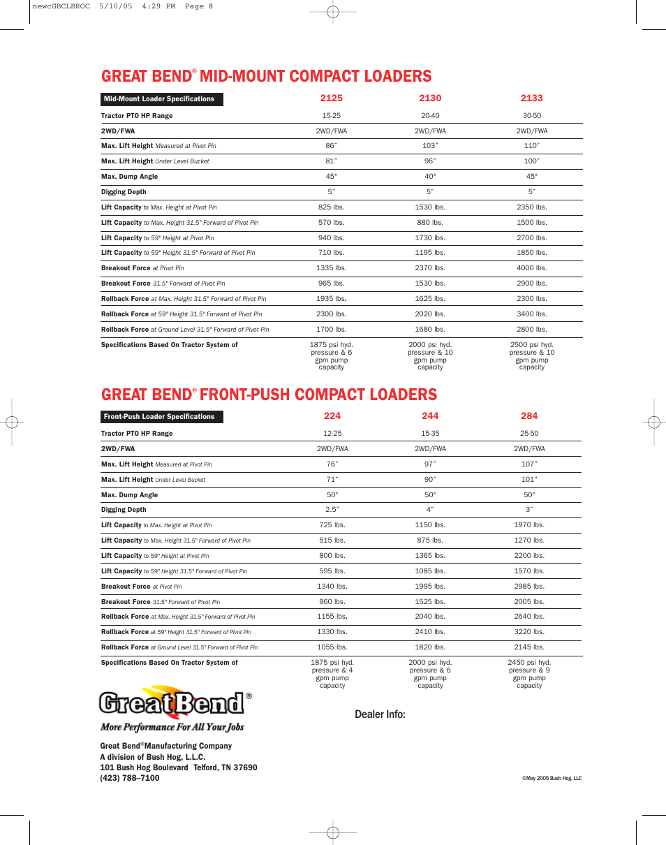 Great bend, Mid-mount compact loaders, Front-push compact loaders | Dealer info | Bush Hog Great Bend Compact Loaders User Manual | Page 8 / 8