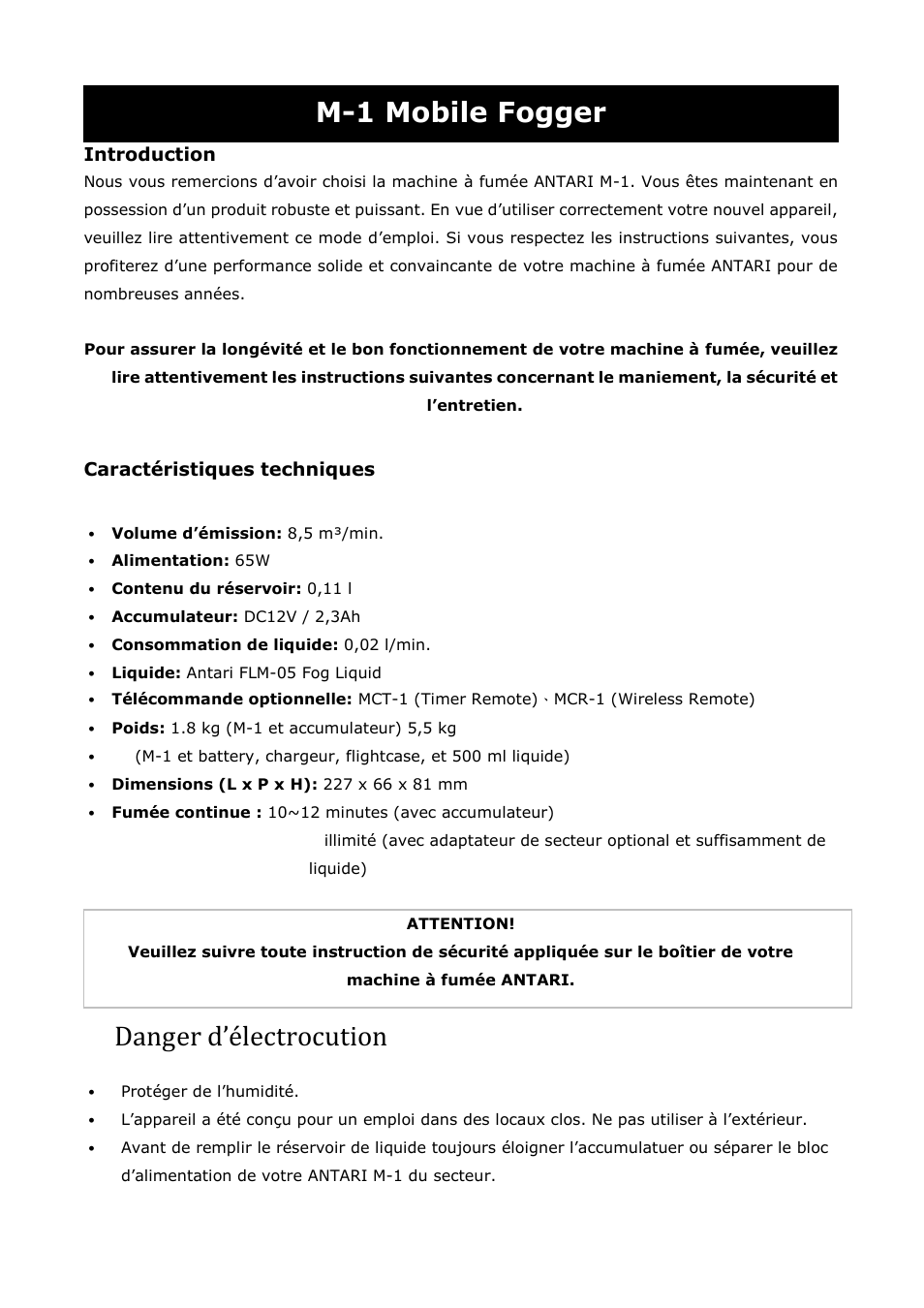 M-1 mobile fogger, Danger d’électrocution | Antari M-1 User Manual | Page 15 / 28