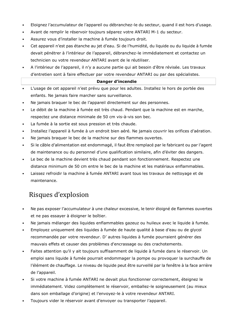 Risques d’explosion | Antari M-1 User Manual | Page 16 / 28