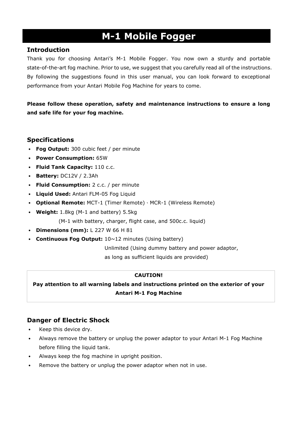 M-1 mobile fogger | Antari M-1 User Manual | Page 2 / 28