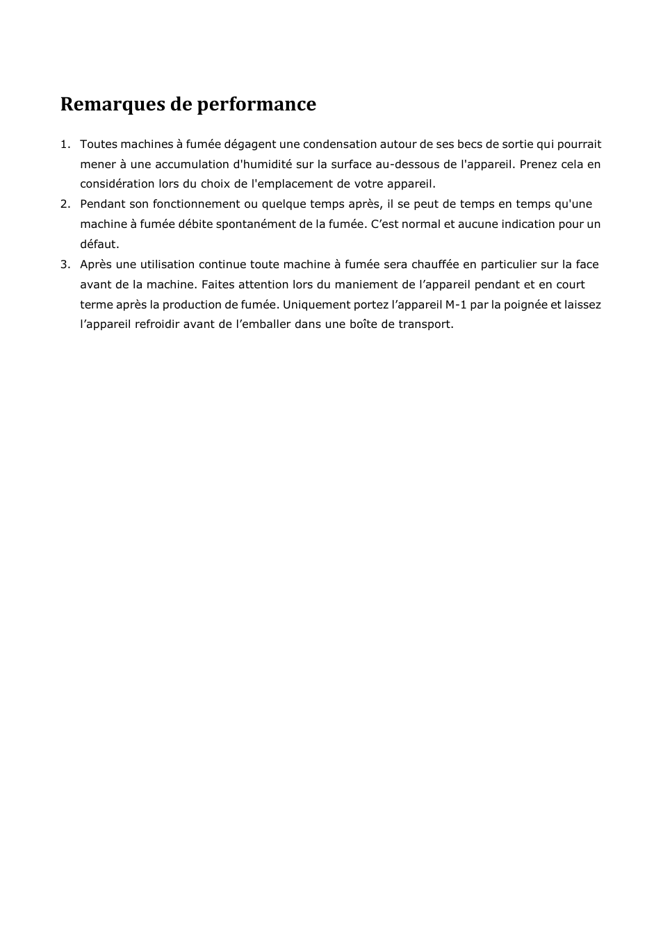 Remarques de performance | Antari M-1 User Manual | Page 21 / 28