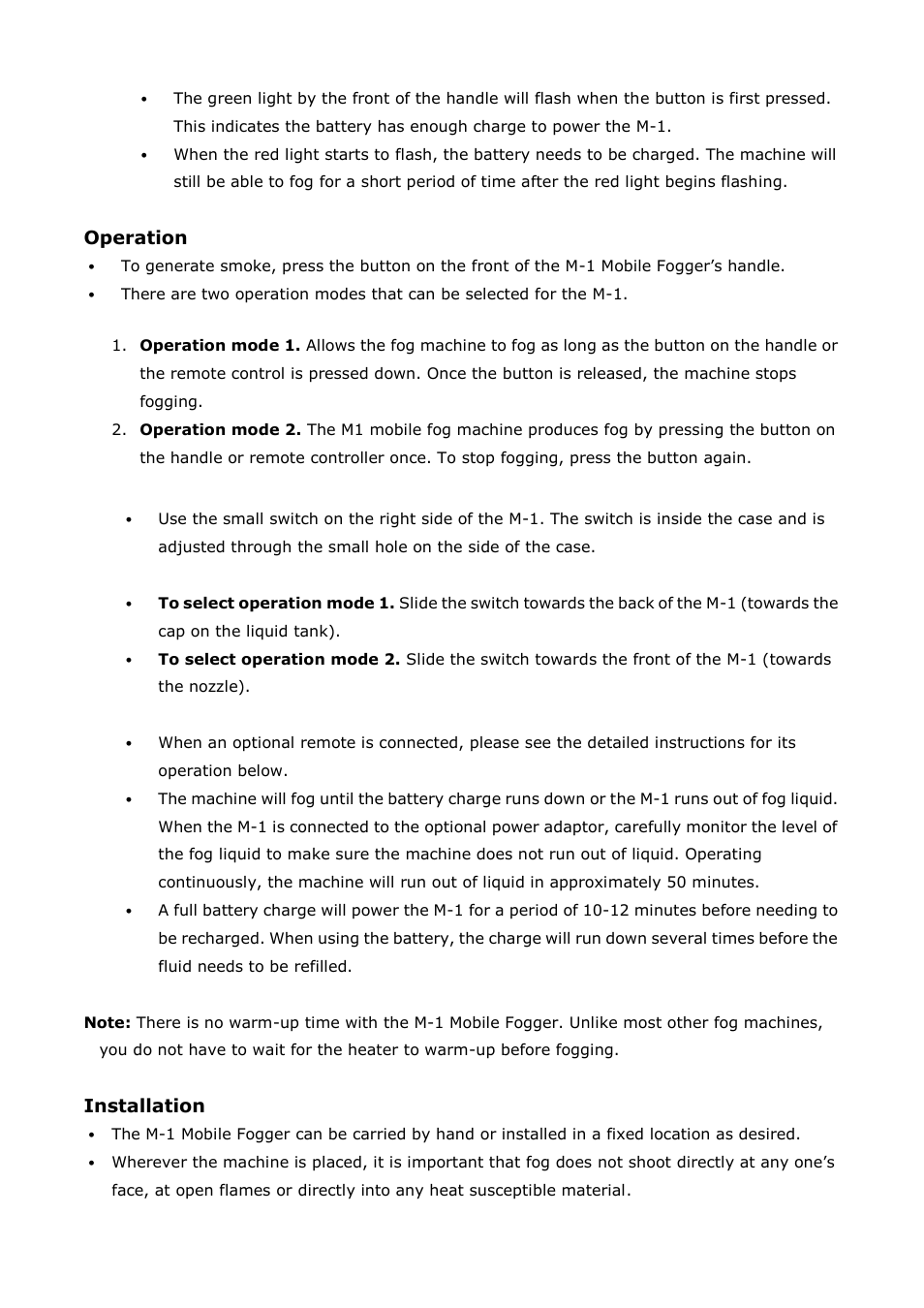 Operation, Installation | Antari M-1 User Manual | Page 5 / 28